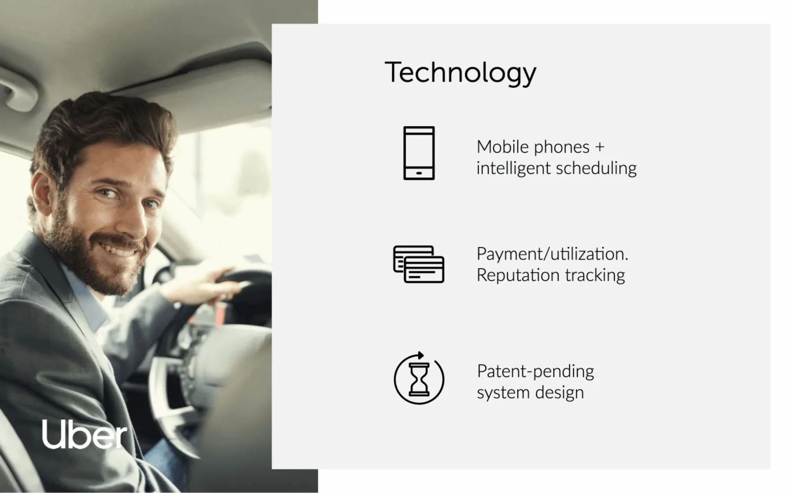 Slide do pitch deck do case Uber sobre escalar um marketplace de dois lados