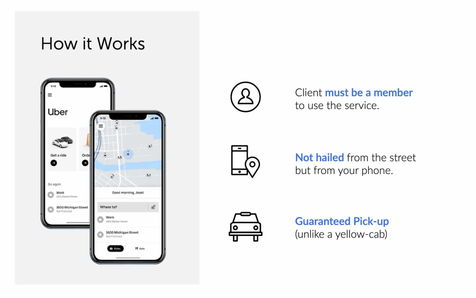Slide do pitch deck do case Uber sobre escalar um marketplace de dois lados