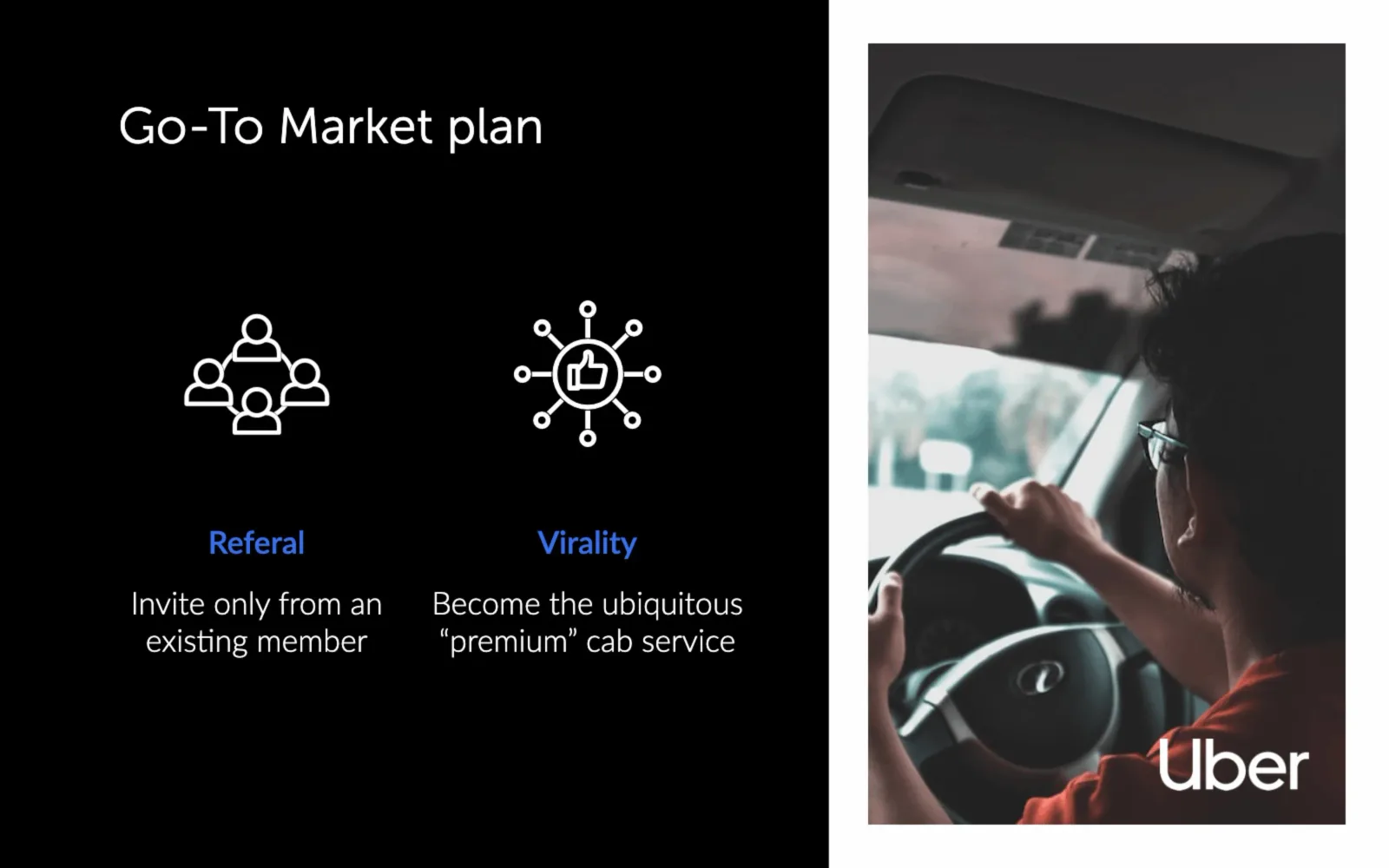 Slide do pitch deck do case Uber sobre escalar um marketplace de dois lados