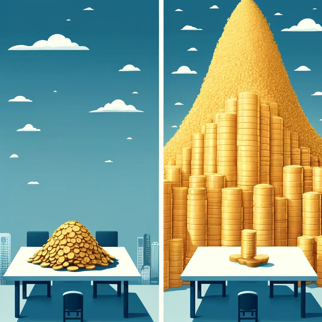 Imagem representando a diferença entre milhão e bilhão com moedas de ouro.