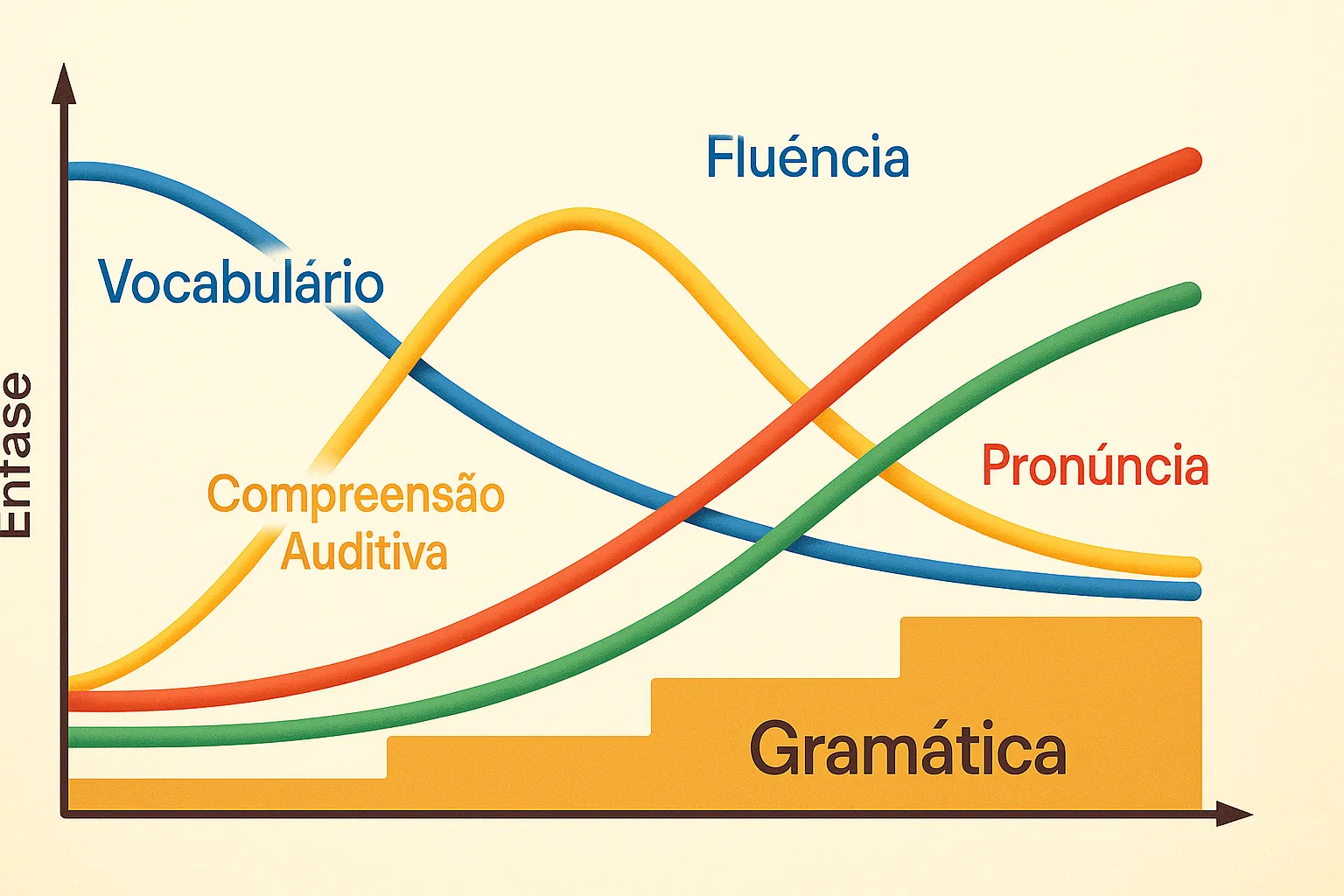 Gráfico mostrando qual deve ser a ênfase em cada etapa do domínio da língua