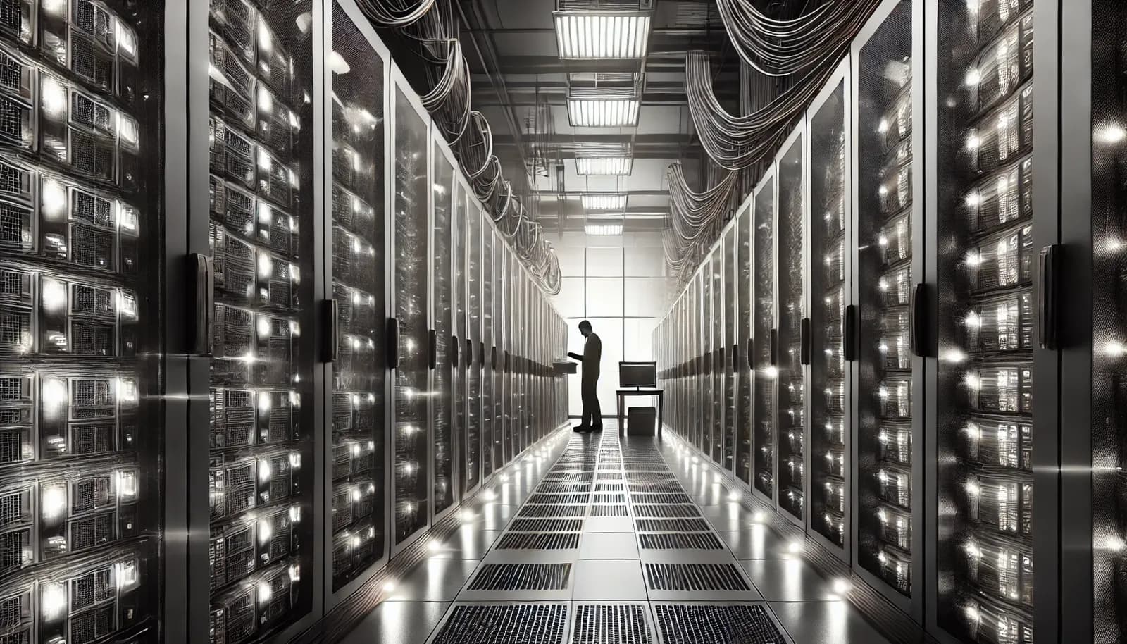 Imagem em preto e branco de um data center em São Paulo, focando na velocidade e eficiência dos servidores.