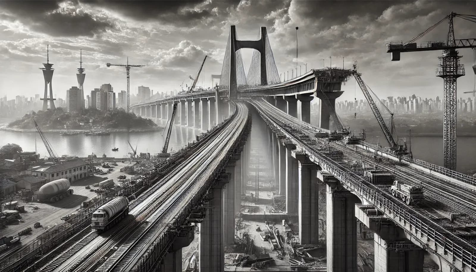 Imagem em preto e branco de uma ponte em construção em São Paulo, destacando o comprimento da estrutura e o skyline ao fundo.