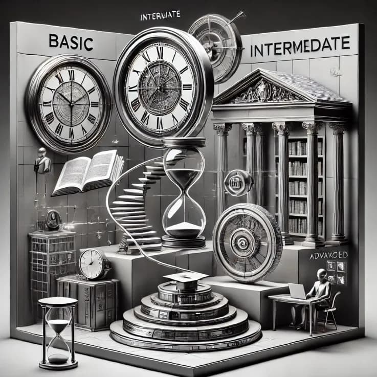 Imagem hiper-realista em preto e branco ilustrando a compreensão dos tempos verbais em inglês. A imagem inclui um relógio, uma ampulheta e um calendário, representando o tempo. Há três seções: nível básico com um livro e uma sala de aula, nível intermediário com um capelo e um diploma, e nível avançado com um pódio e um globo.