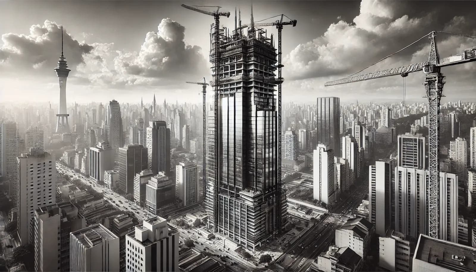 Imagem em preto e branco de um prédio em construção em São Paulo, enfatizando a altura com guindastes e andaimes.