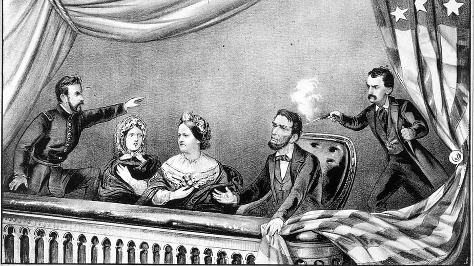 Imagem do assassinato de Lincoln: Ilustração do trágico momento em que Abraham Lincoln foi assassinado em um teatro.