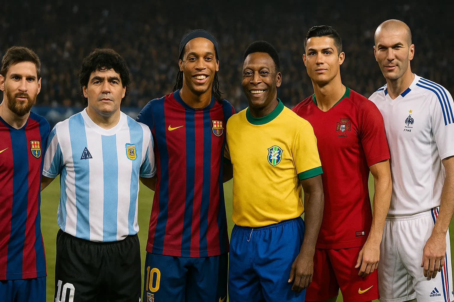 Pelé, Maradona, Ronaldinho, Zidane, Cristiano Ronaldo, e Messi juntos em montagem, ideal para ensinar 'was' e 'were' com lendas do futebol mundial