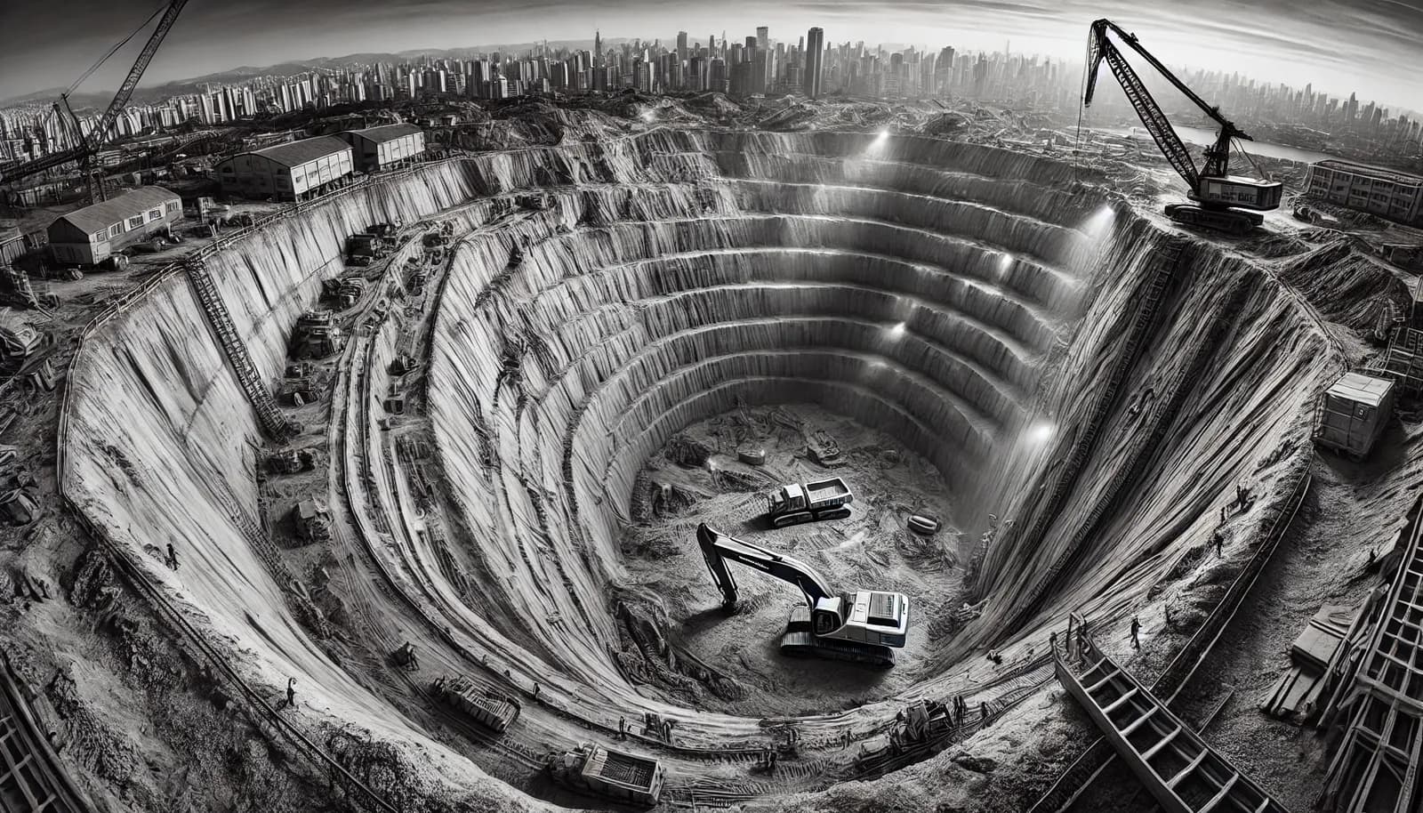 Imagem em preto e branco de uma escavação profunda em São Paulo, mostrando a profundidade da obra com máquinas pesadas.