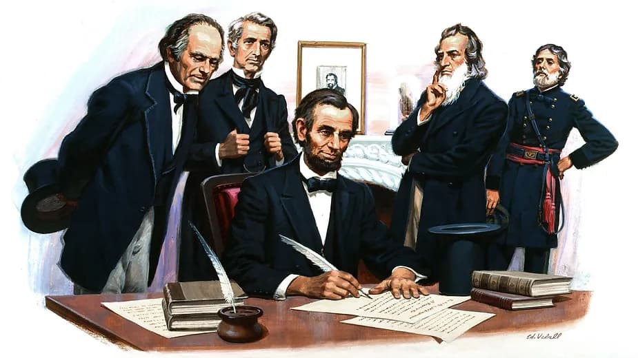 Imagem de Lincoln assinando a Proclamação de Emancipação: Abraham Lincoln sentado à mesa, assinando o documento histórico que libertou escravos nos Estados Unidos.