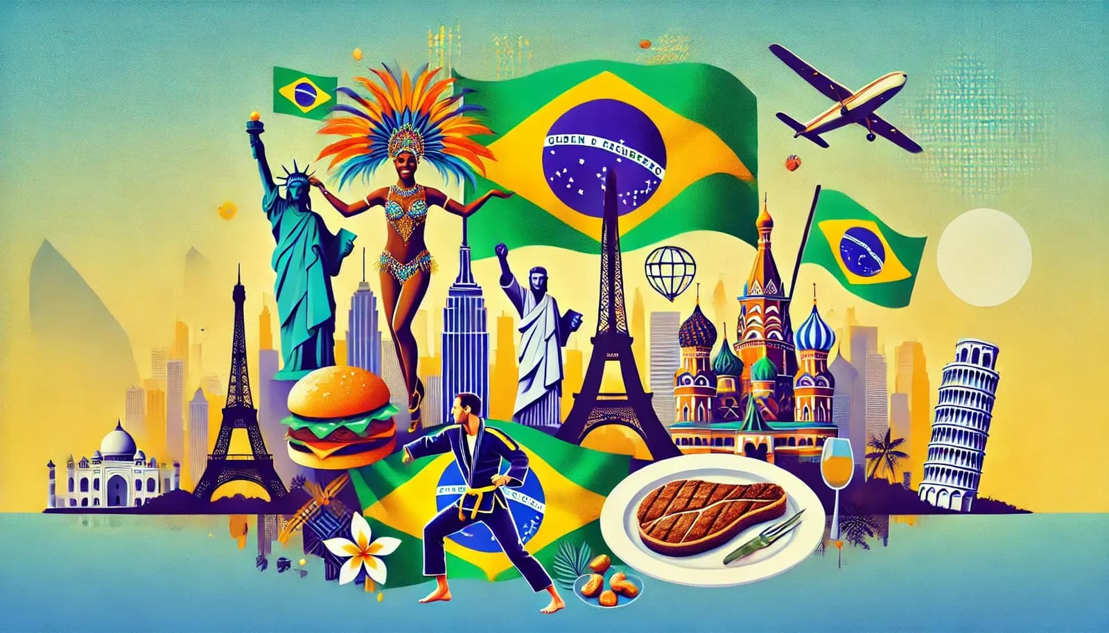 Imagem representando a exportação cultural do Brasil para o mundo. Inclui um dançarino de samba em uma fantasia vibrante de Carnaval, um lutador de Jiu-Jitsu, um prato de churrasco brasileiro, uma cesta de castanhas-do-Pará, um biquíni brasileiro e a bandeira do Brasil. Ao fundo, há uma paisagem urbana internacional com o Cristo Redentor e marcos globais como a Torre Eiffel, a Estátua da Liberdade e o Big Ben, simbolizando a influência cultural do Brasil ao redor do mundo.