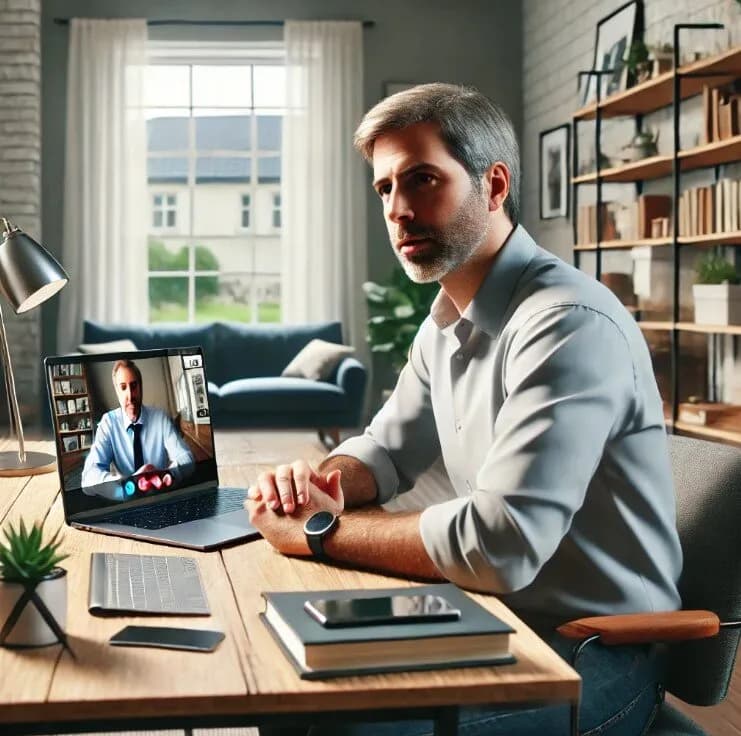Homem adulto de 40 anos em videoconferência em casa. A cena mostra o homem sentado à mesa com um laptop, conversando. O fundo inclui elementos domésticos como uma estante de livros, uma planta e móveis confortáveis. Ensino de inglês para adultos, curso de inglês online, professor particular
