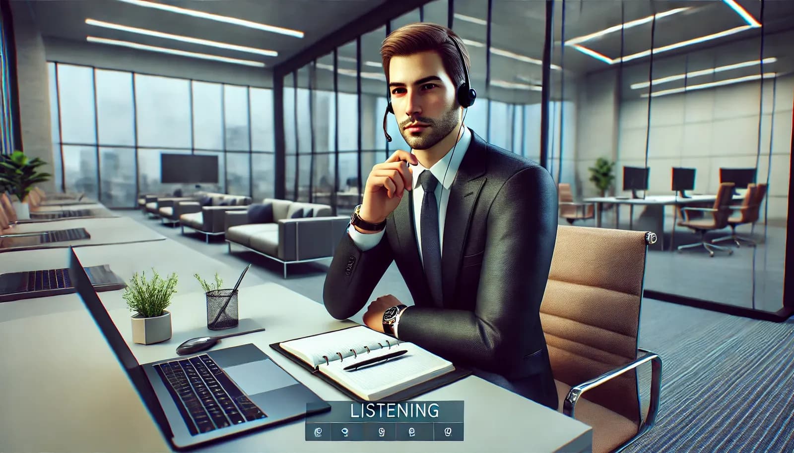 Executivo corporativo de traje formal escutando atentamente durante uma videoconferência em inglês, em um escritório moderno, com um laptop e um bloco de notas à frente.