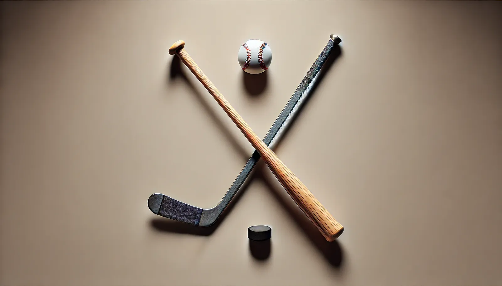 Tacos de baseball e hockey em 'X', design minimalista e esportivo, textura realista, fundo neutro, imagem moderna para conteúdo executivo e comunicação visual.