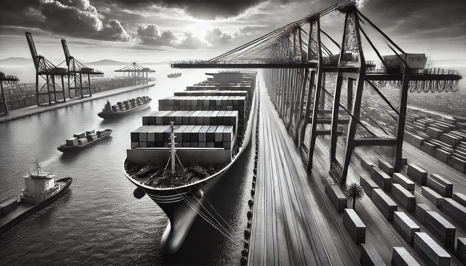 Imagem em preto e branco de um navio sendo carregado no Porto de Santos, destacando a largura dos contêineres.