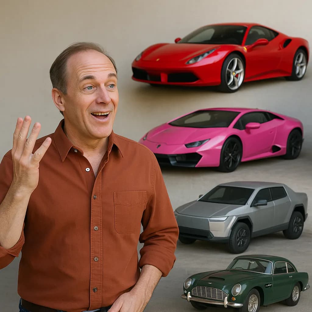 Colecionador conversando ao lado de carros de luxo, cena usada para praticar pronomes possessivos em inglês
