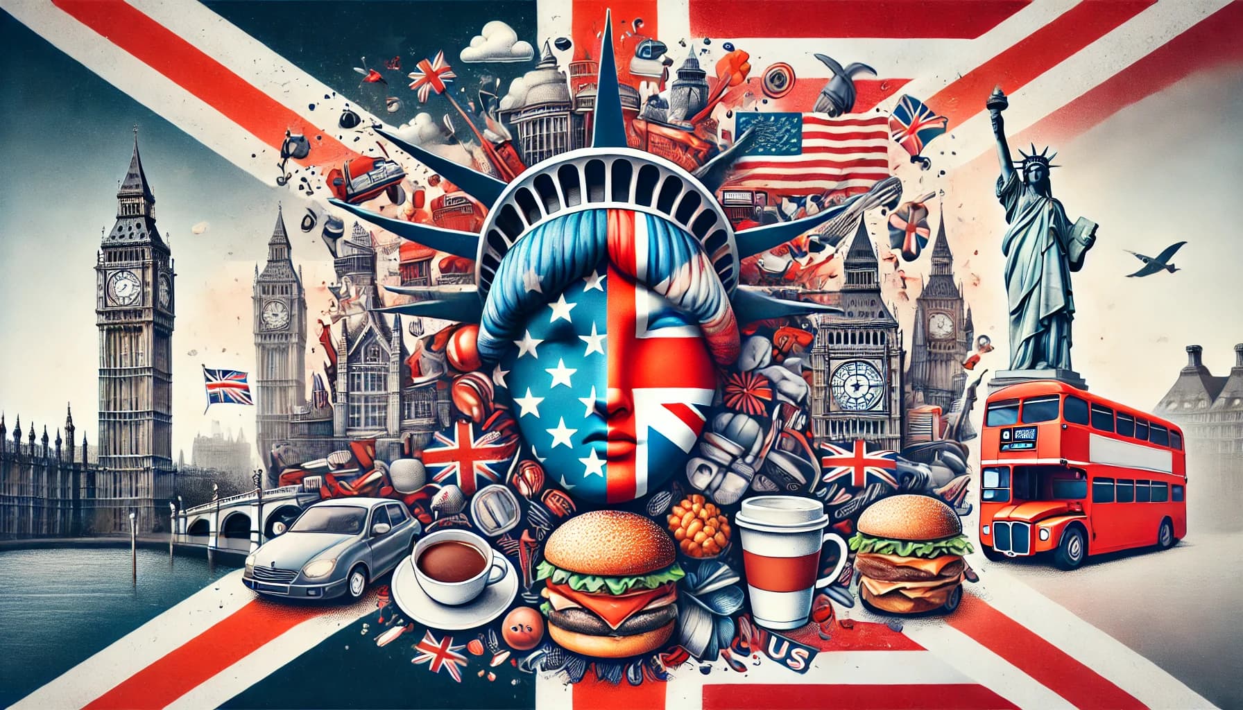 Fusão simbólica das culturas do Reino Unido e dos EUA com bandeiras, Big Ben, Estátua da Liberdade, chá e hambúrguer.