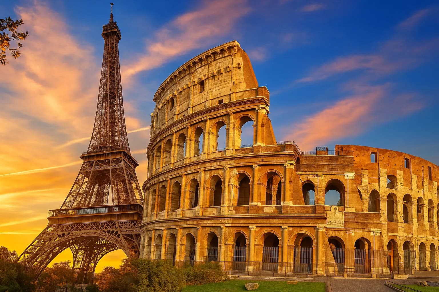 Comparação ilustrada entre Paris e Roma para praticar There Is e There Are em inglês