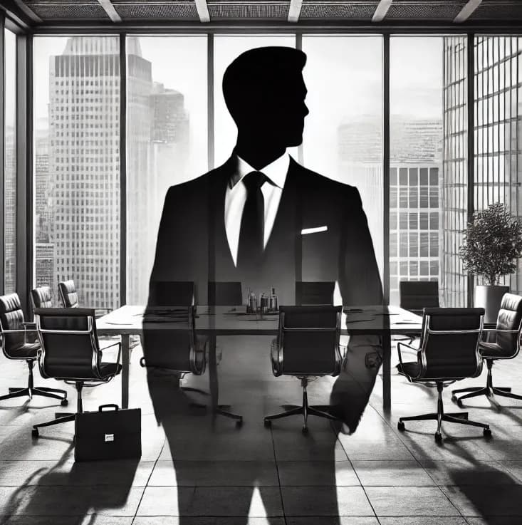 Imagem em preto e branco de um executivo em um ambiente corporativo. A sombra do executivo é proeminente, simbolizando a função do pronome sujeito na Imagem em preto e branco de um executivo em um ambiente corporativo. A sombra do executivo é proeminente, simbolizando a função do pronome sujeito na substituição de um substantivo.de um substantivo.