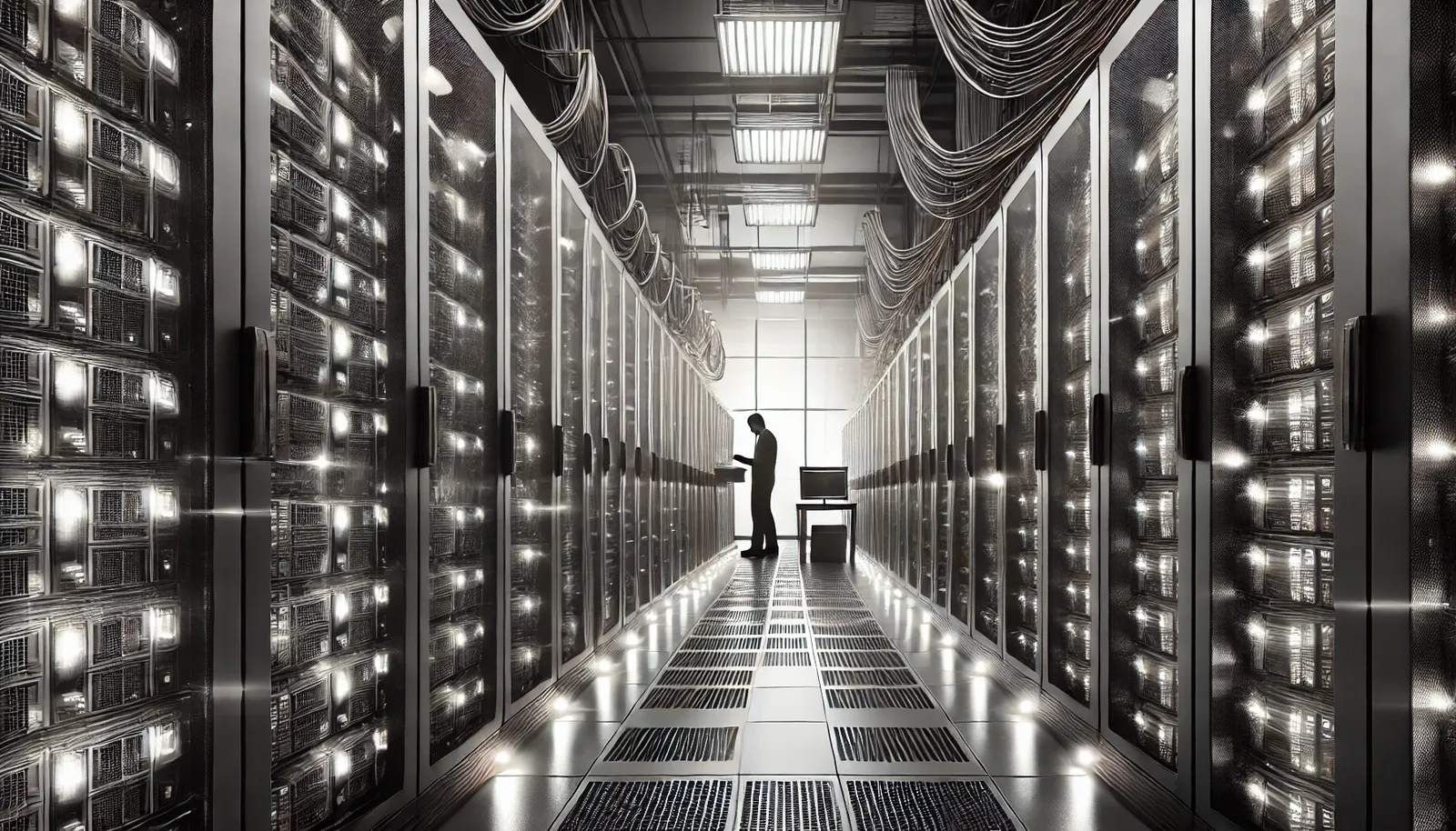 Imagem em preto e branco de um data center em São Paulo, focando na velocidade e eficiência dos servidores.