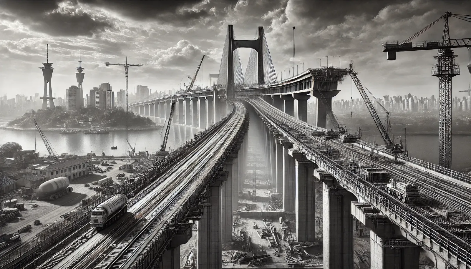 Imagem em preto e branco de uma ponte em construção em São Paulo, destacando o comprimento da estrutura e o skyline ao fundo.