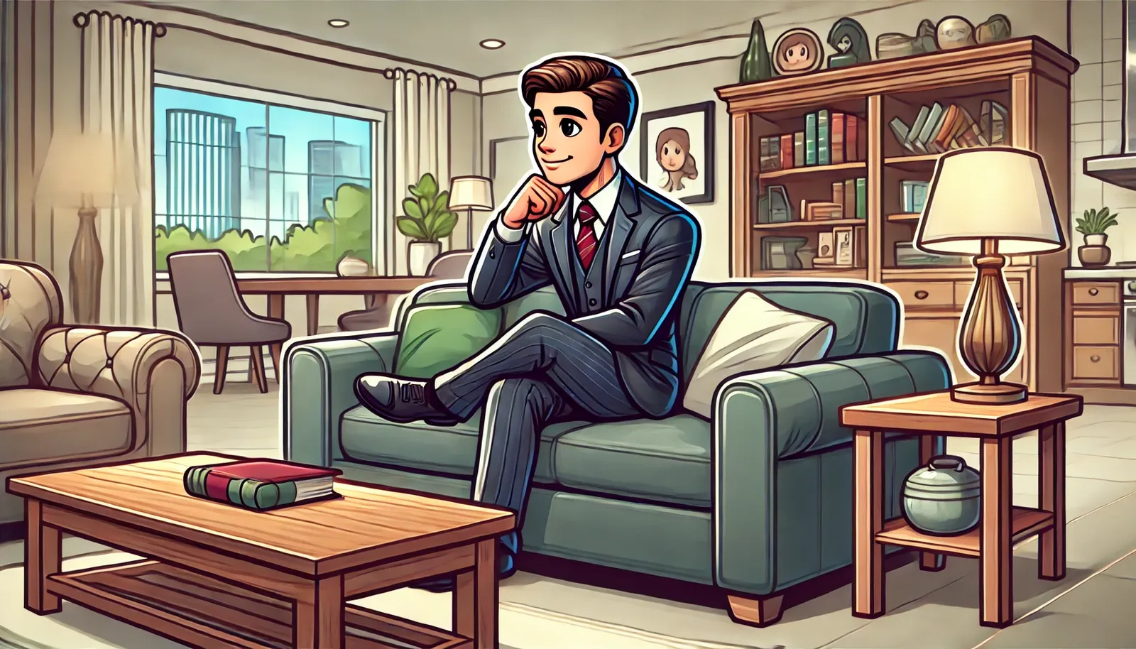 Executivo descansando em casa em São Paulo lembrando do passado e tentando fazer o jogo em sua cabeça para praticar presente simples gratuitamente e online.
