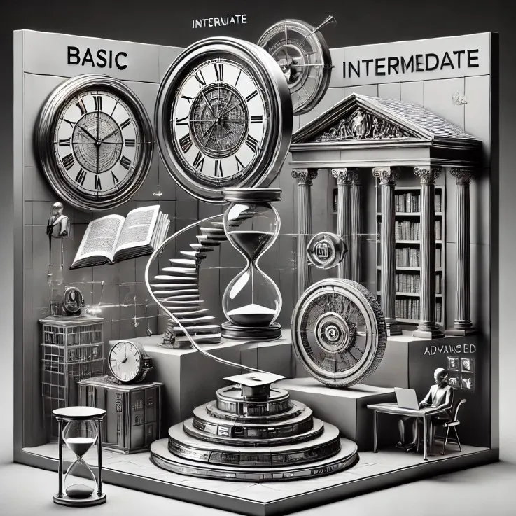 Imagem hiper-realista em preto e branco ilustrando a compreensão dos tempos verbais em inglês. A imagem inclui um relógio, uma ampulheta e um calendário, representando o tempo. Há três seções: nível básico com um livro e uma sala de aula, nível intermediário com um capelo e um diploma, e nível avançado com um pódio e um globo.