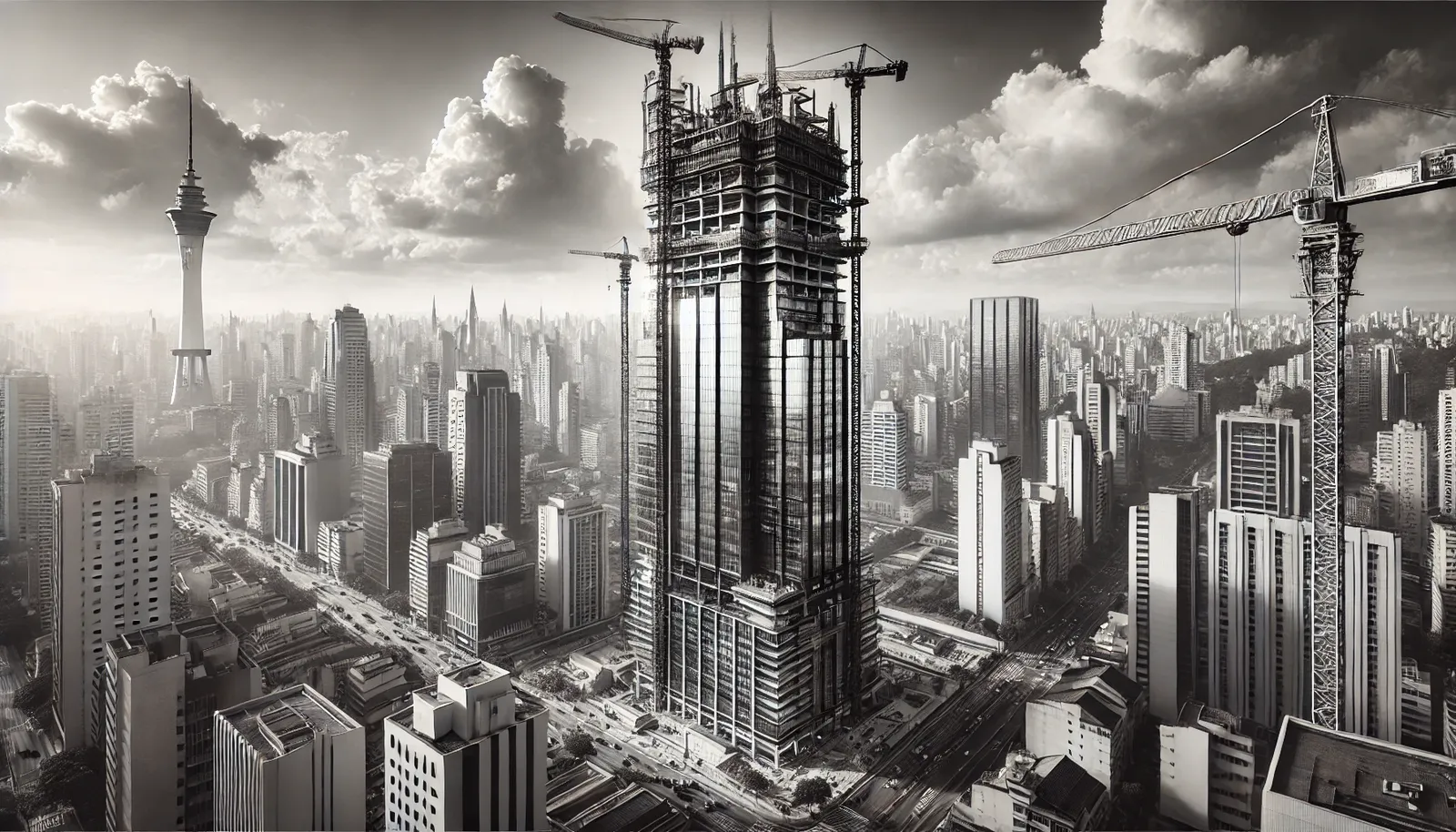 Imagem em preto e branco de um prédio em construção em São Paulo, enfatizando a altura com guindastes e andaimes.