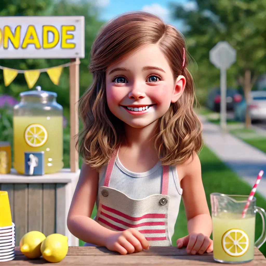 Uma menina de 10 anos, Sarah, sorrindo alegremente em sua barraca de limonada em um dia ensolarado.