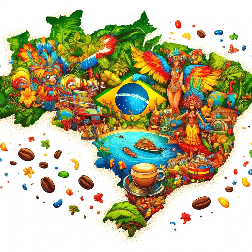 Ilustração com curiosidades sobre o Brasil usada para praticar superlativos em inglês, como o maior país, o maior rio e a maior biodiversidade.