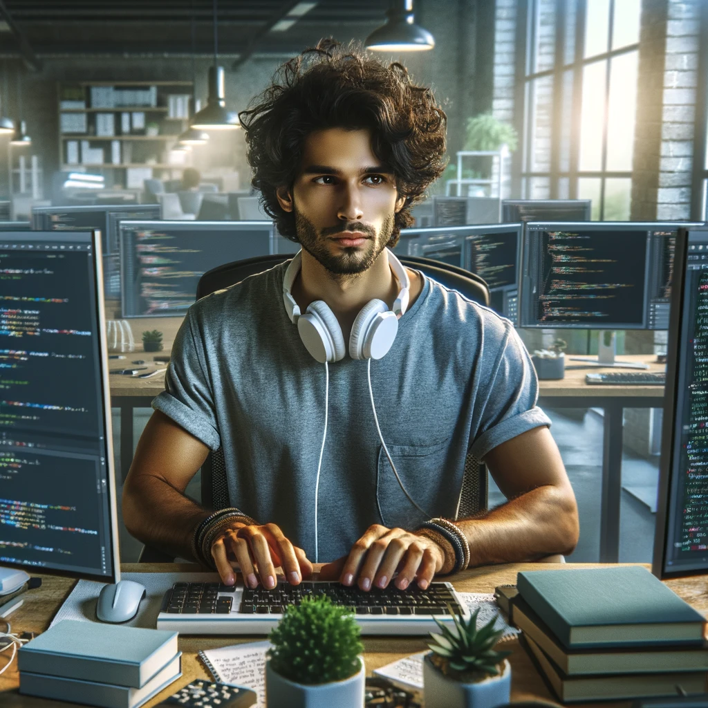 Desenvolvedor de software e cientista de dados trabalhando em código, unindo técnica e criatividade.