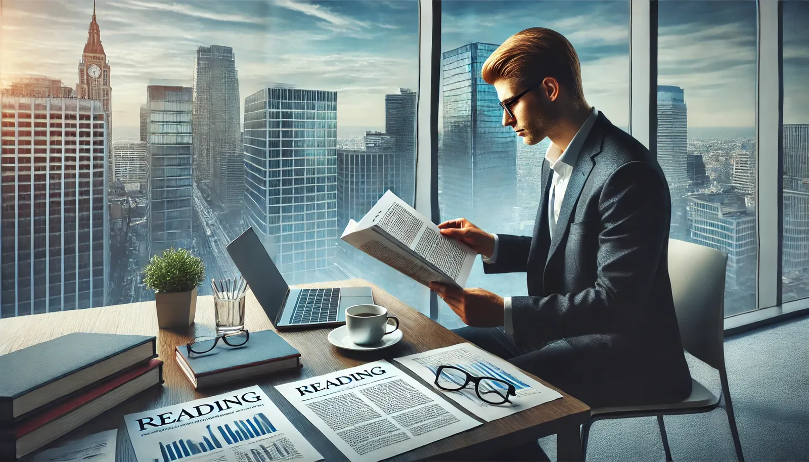 Executivo de negócios lendo um relatório em inglês em um escritório bem iluminado com uma grande janela com vista para o horizonte da cidade, laptop e documentos espalhados na mesa.