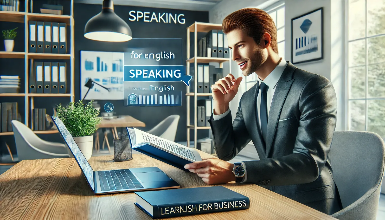 Executivo sentado em uma mesa em um escritório organizado, praticando fala em inglês em voz alta enquanto prepara uma apresentação de negócios.