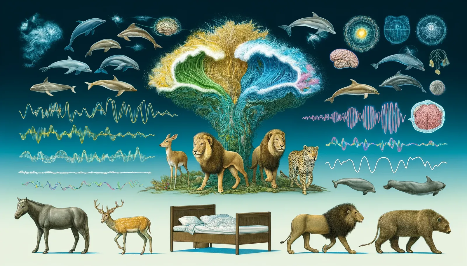 Ilustração científica relacionando sono, atividade cerebral e evolução das espécies