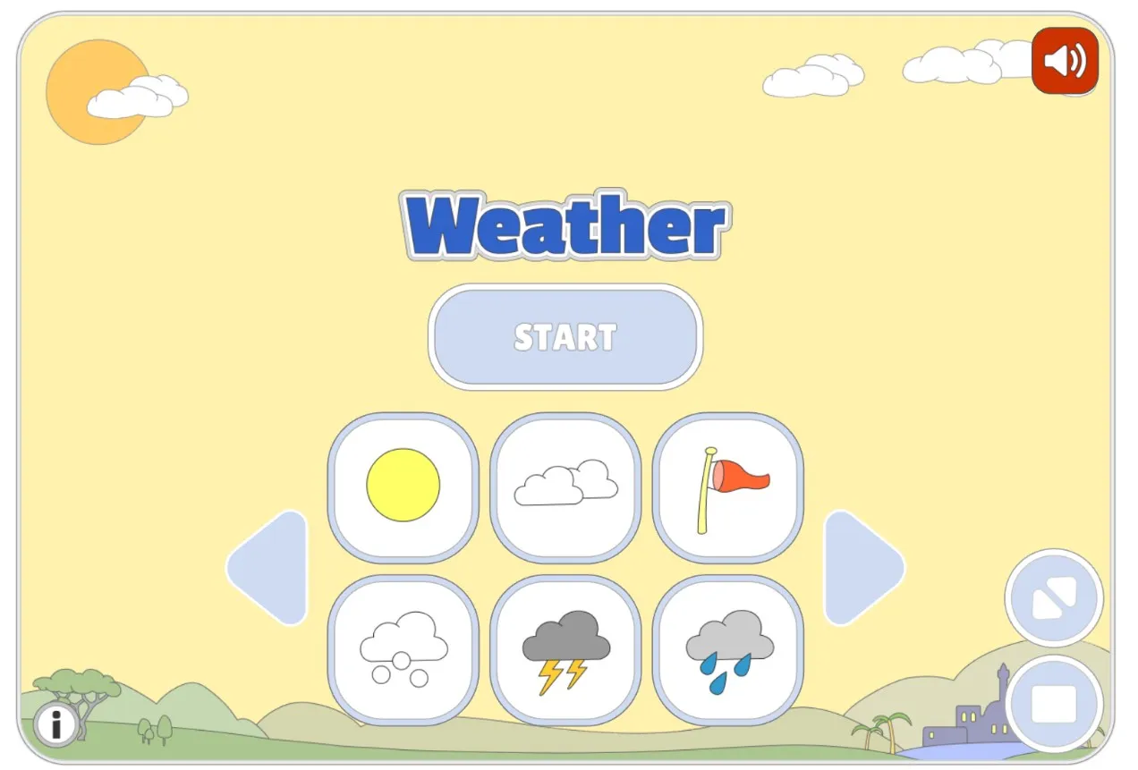Tela do jogo interativo de vocabulário de clima em inglês com imagens e mapas para praticar