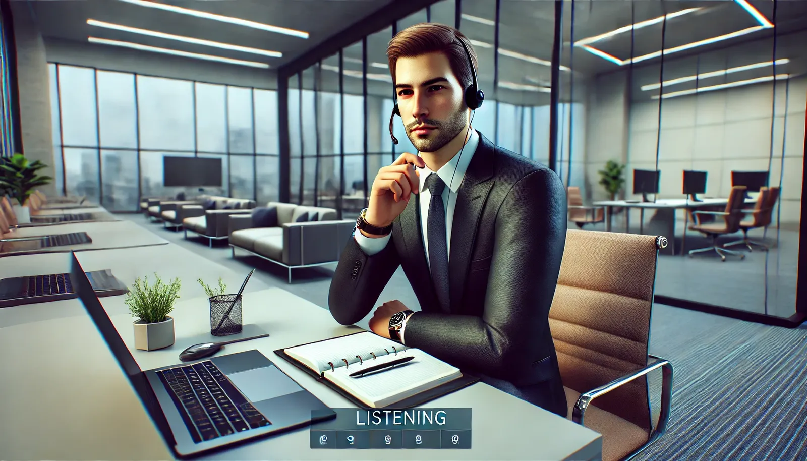 Executivo corporativo de traje formal escutando atentamente durante uma videoconferência em inglês, em um escritório moderno, com um laptop e um bloco de notas à frente.
