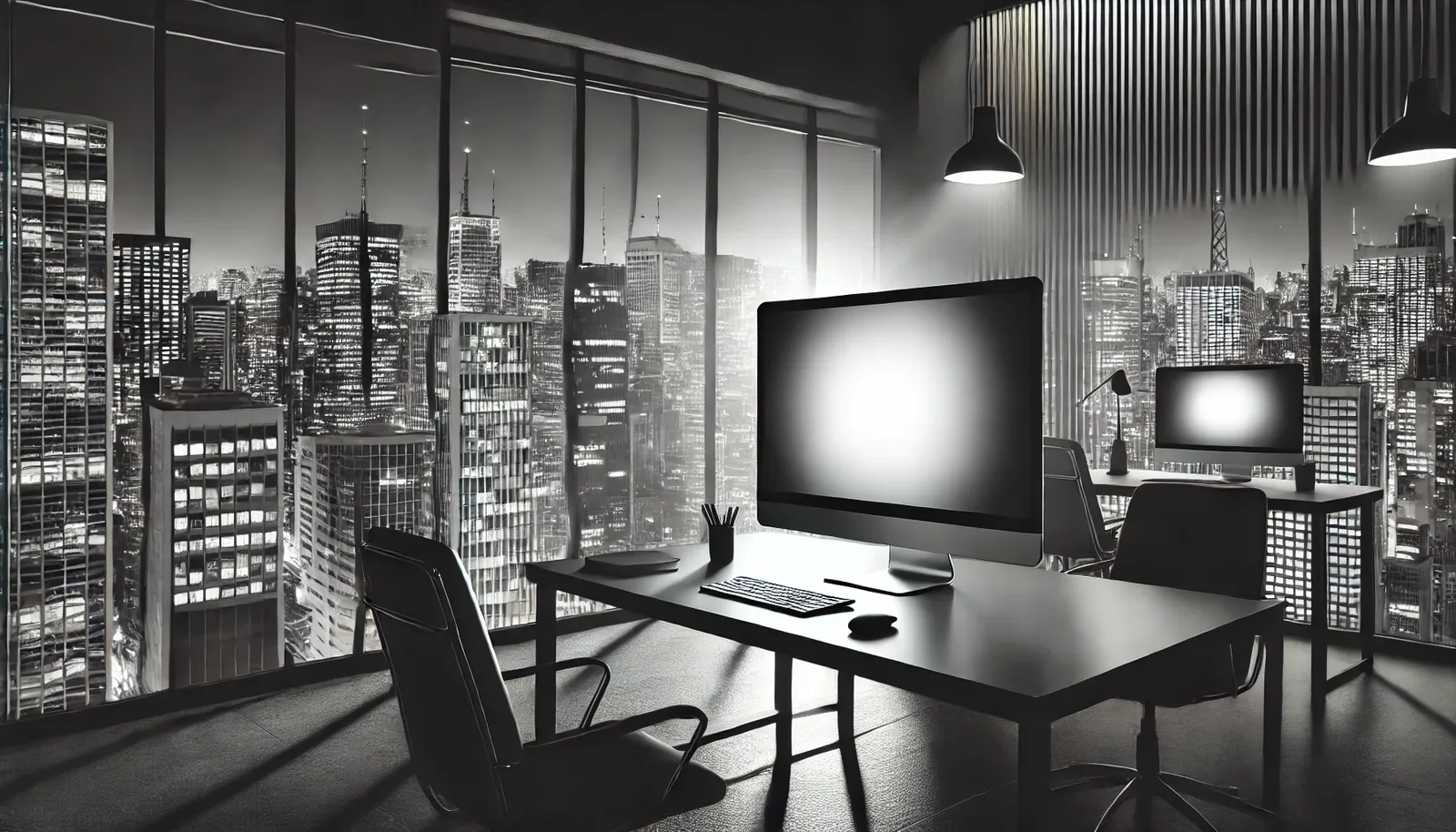 Imagem em preto e branco de um escritório de tecnologia em São Paulo, destacando o brilho da tela do computador em contraste com o ambiente.