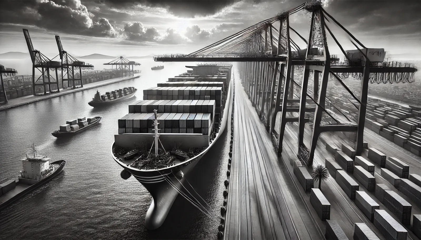 Imagem em preto e branco de um navio sendo carregado no Porto de Santos, destacando a largura dos contêineres.