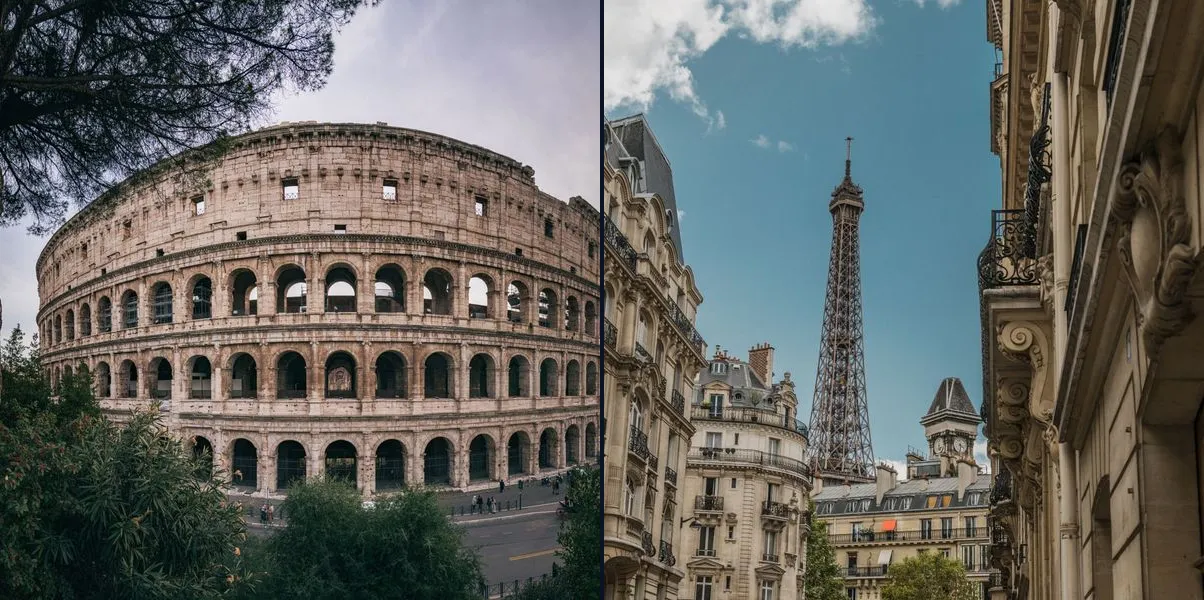 O Coliseu de Roma ao lado de uma rua de Paris com a Torre Eiffel ao fundo, para o texto em inglês com there is e there are