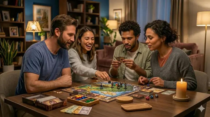 Quatro amigos rindo em volta de um jogo de tabuleiro, na sala de casa, à noite