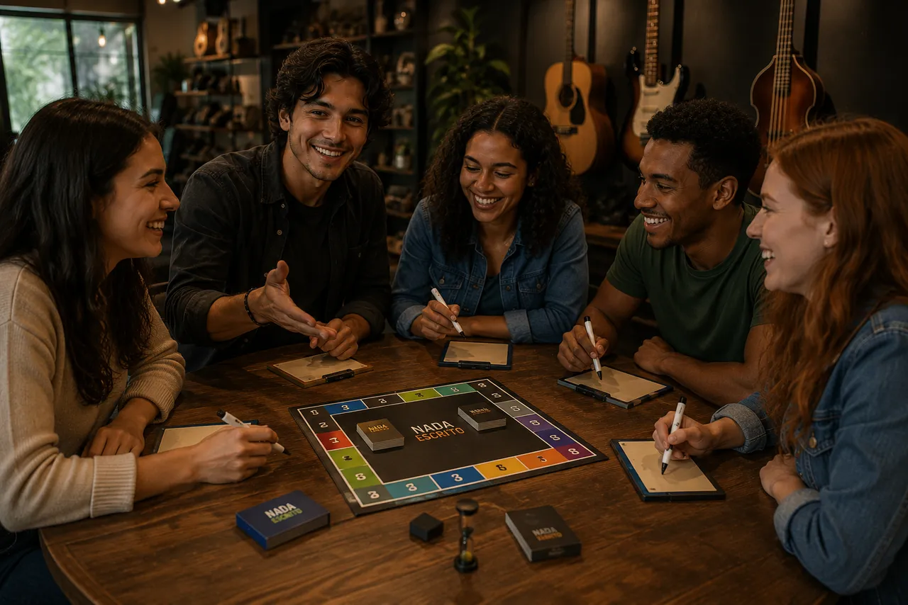 Cinco amigos rindo em volta de um jogo de tabuleiro: they played a game